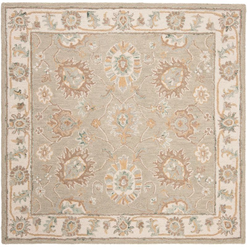 Ivory and Sage Floral Hand-Tufted Wool Square Area Rug