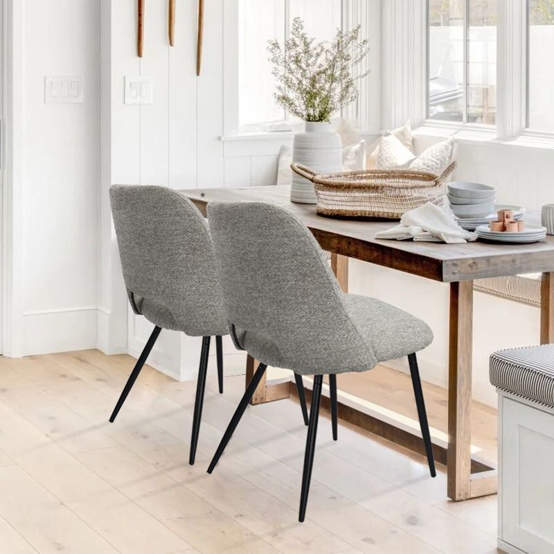 Light Gray Upholstered Dining Side Chairs with Black Metal Legs, Set of 2
