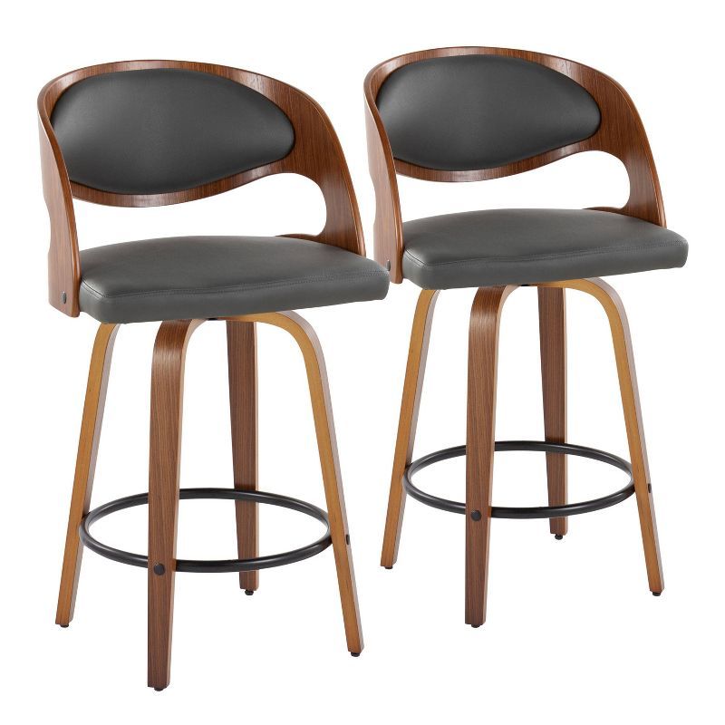 Walnut and Gray Faux Leather Swivel Counter Stools, Set of 2