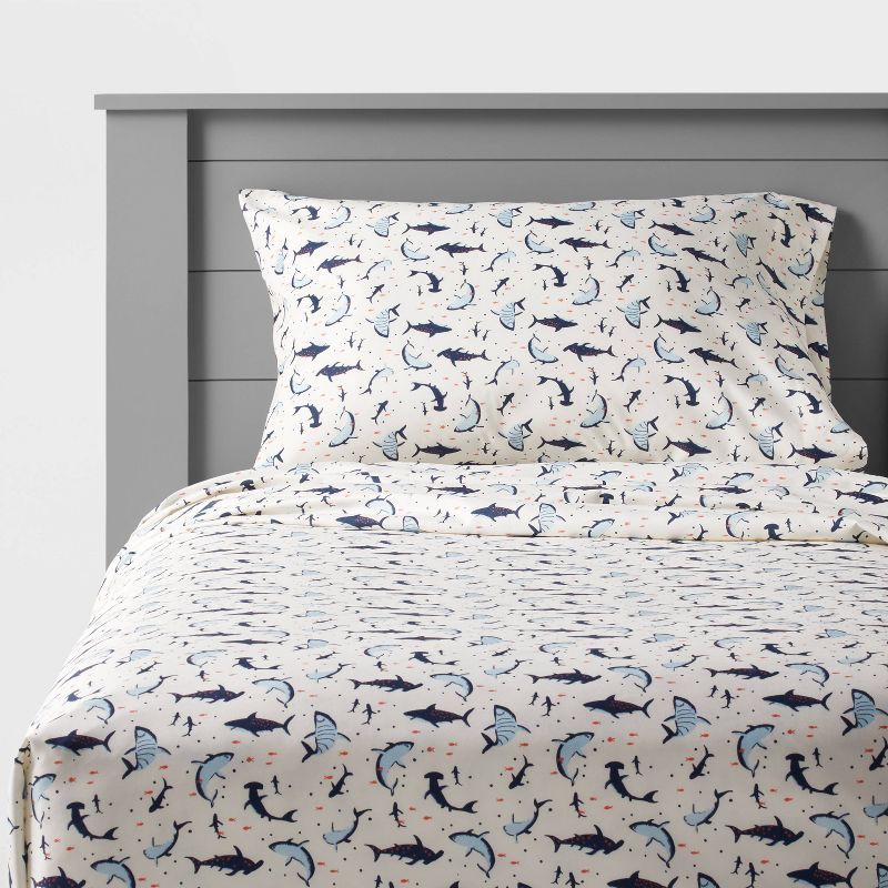 Full Blue Shark Print Microfiber Kids' Sheet Set