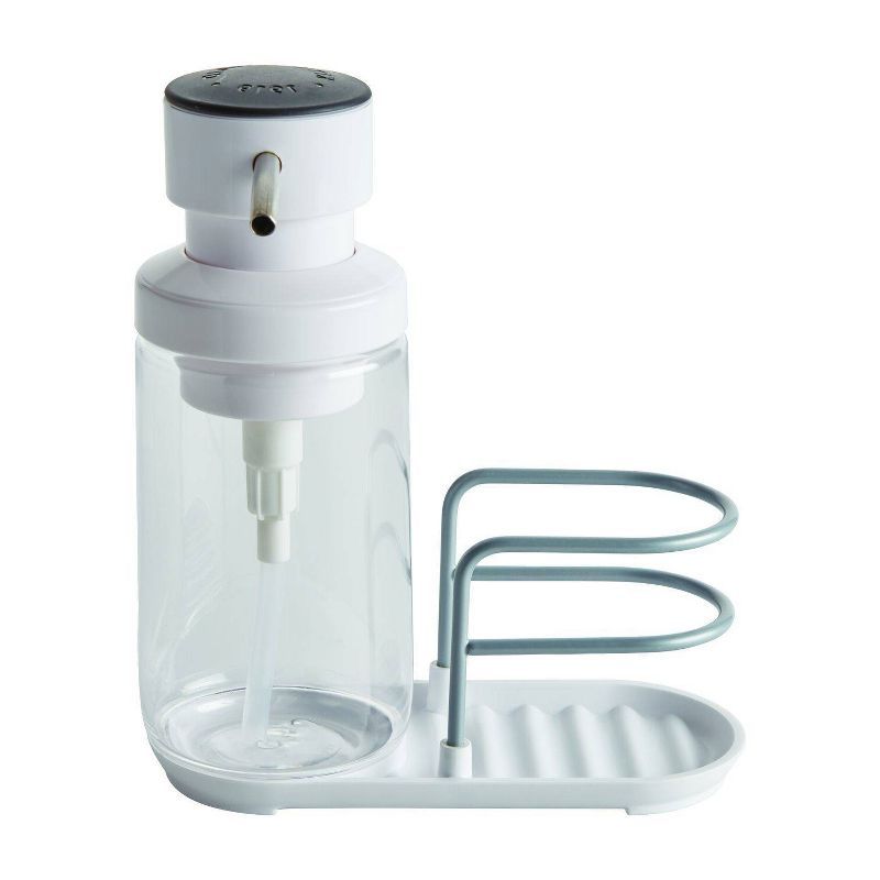 White and Silver Plastic Soap Pump with Sponge Caddy