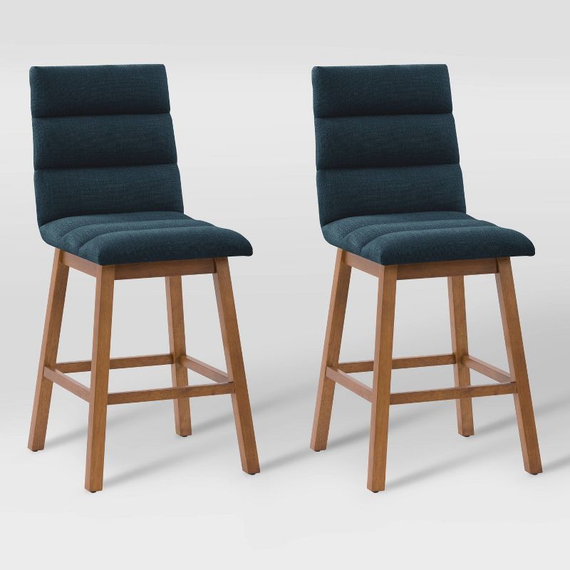 Navy Blue Channel Tufted Fabric Barstools with Wood Legs, Set of 2