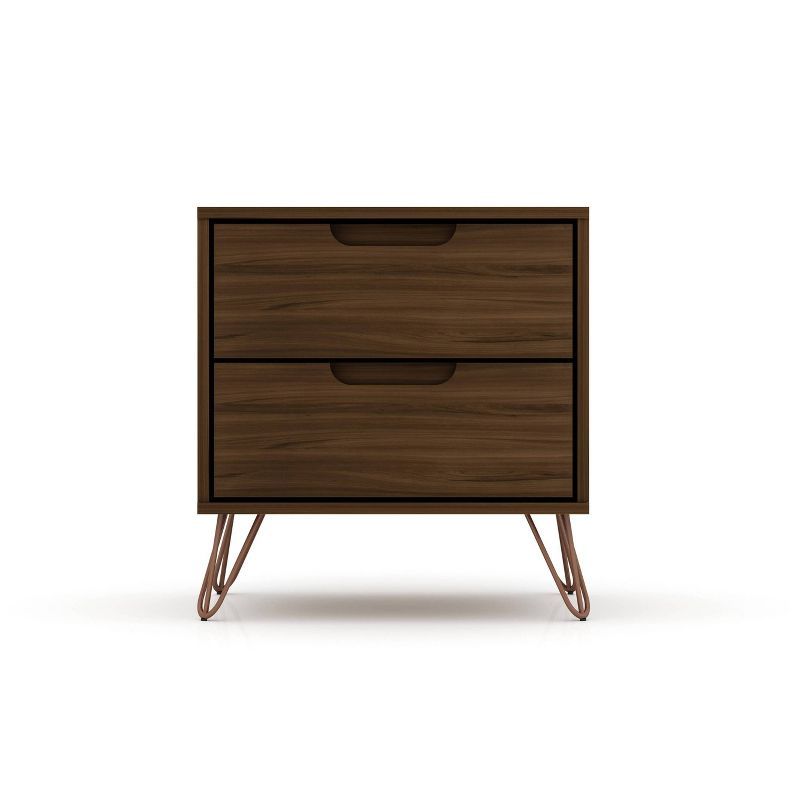 Brown Mid-Century Modern 2-Drawer Nightstand with Metal Legs