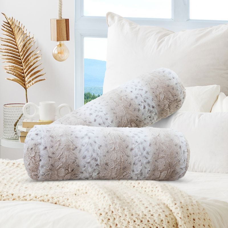Snow Leopard Faux Fur Bolster Pillows Set of 2