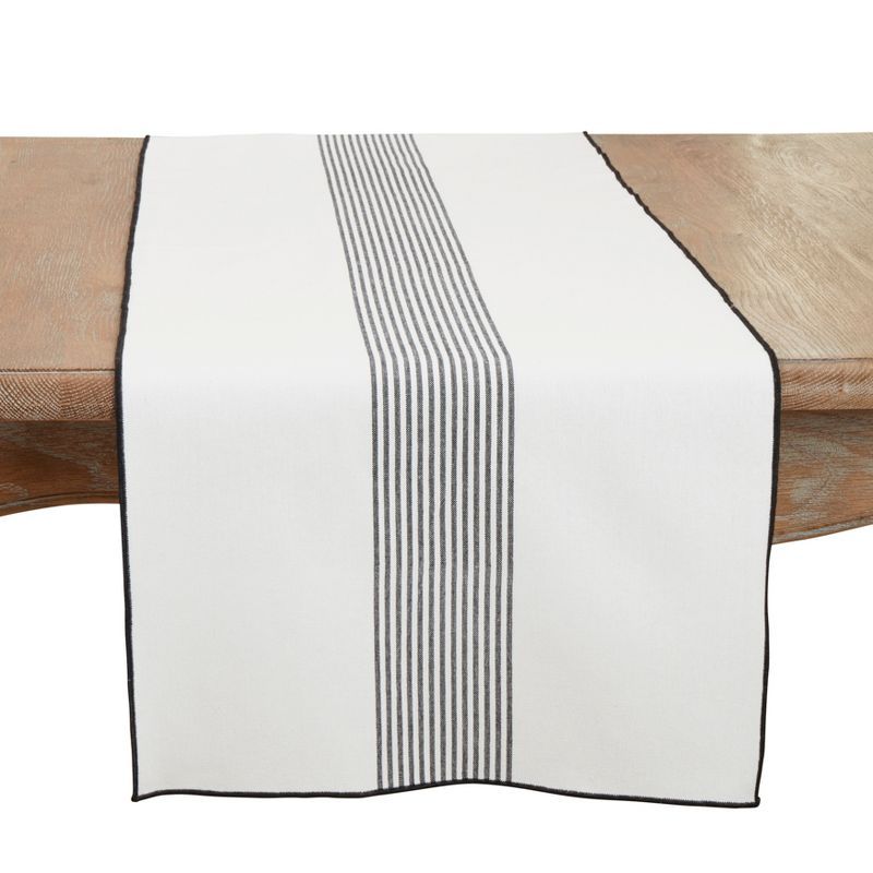 Rustic White Cotton Striped Table Runner with Black Trim, 16"x72"