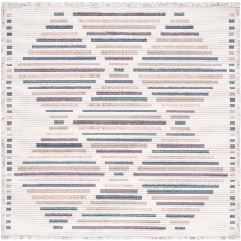 Ivory and Multicolor Hand-knotted Square Wool Area Rug