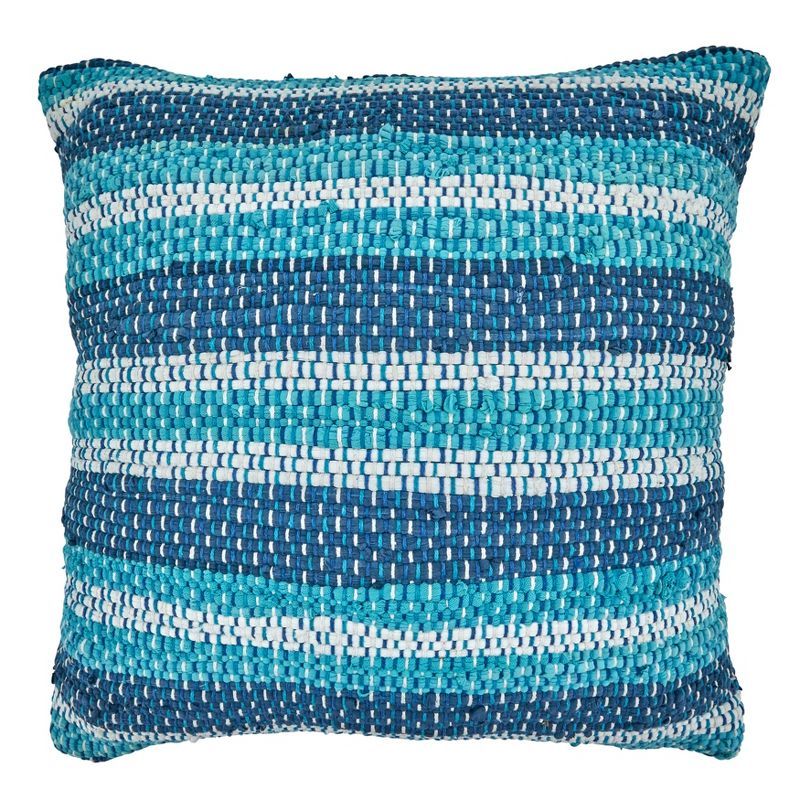 Blue Striped Chindi Throw Pillow with Down Filling, 22" x 22"