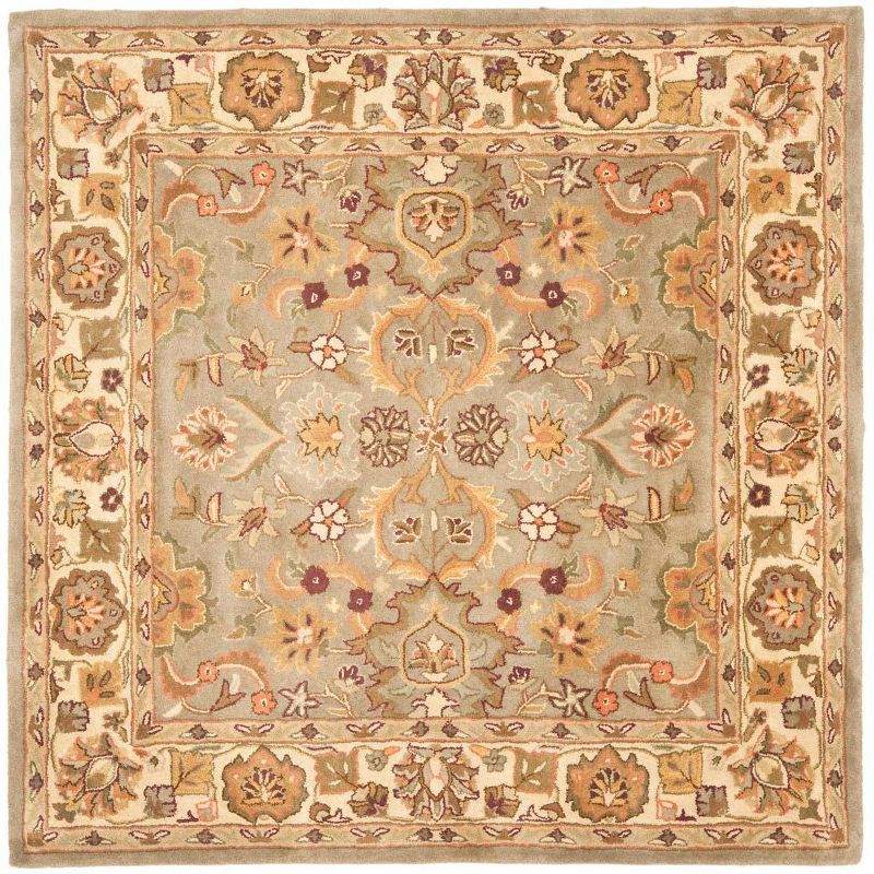 Ivory and Light Green Hand-Tufted Wool Square Rug