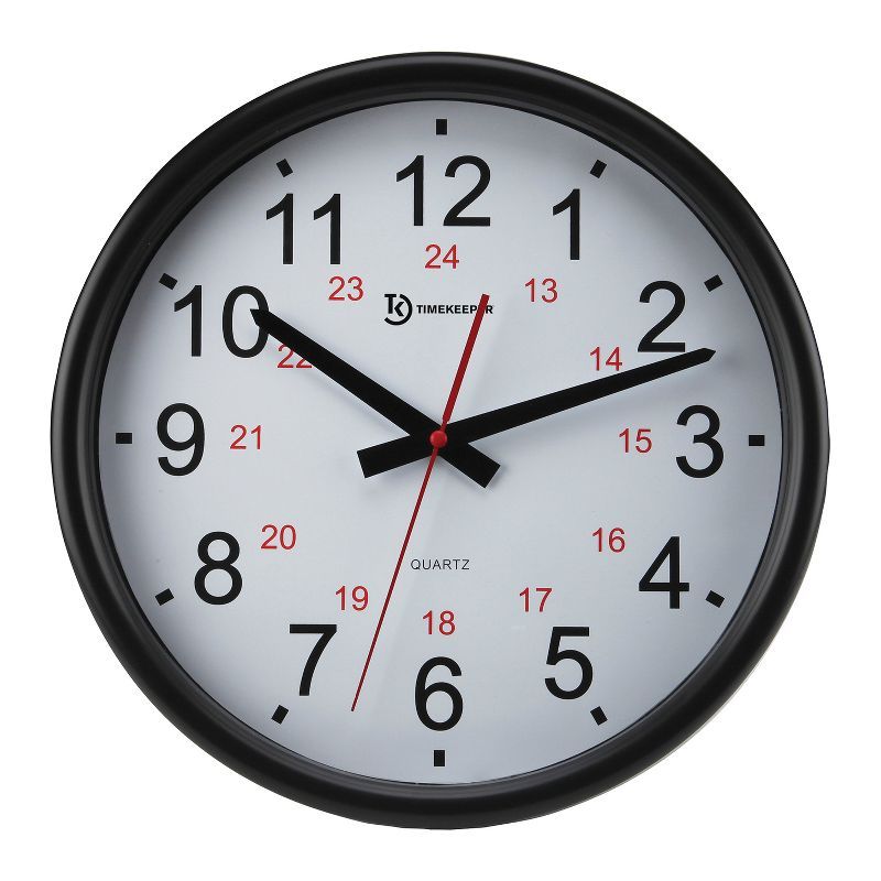 Timekeeper 14-Inch Black and White Analog Wall Clock with Red Hands