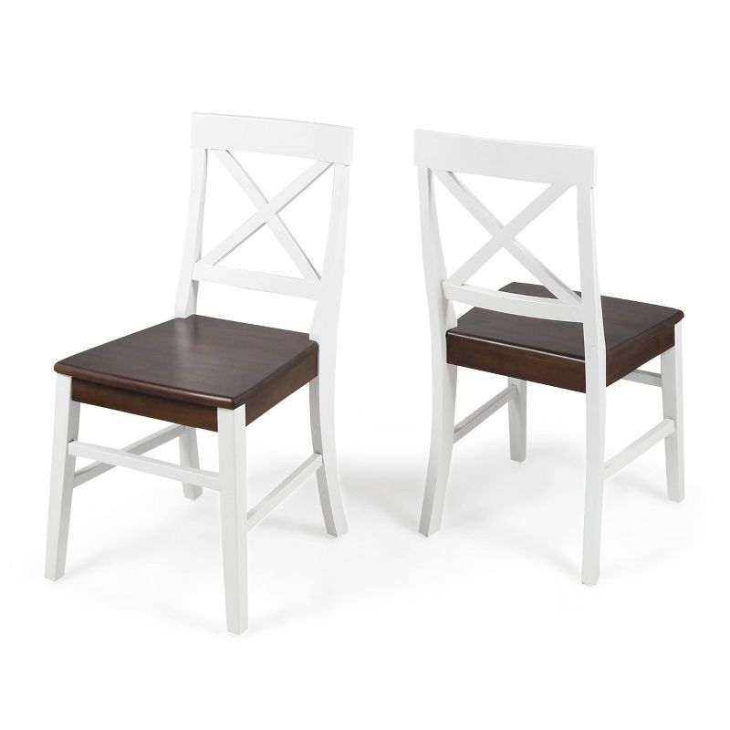 Set of 2 White and Walnut Acacia Wood Cross Back Dining Chairs
