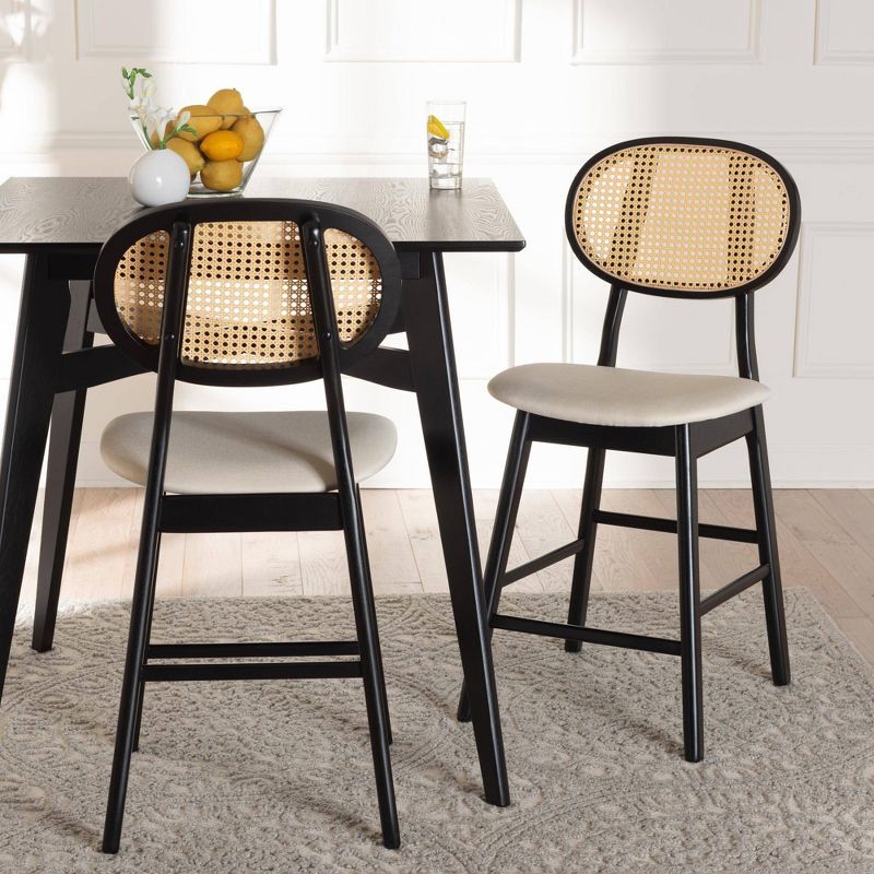 Cream and Black Woven Wood Counter Stools, Set of 2