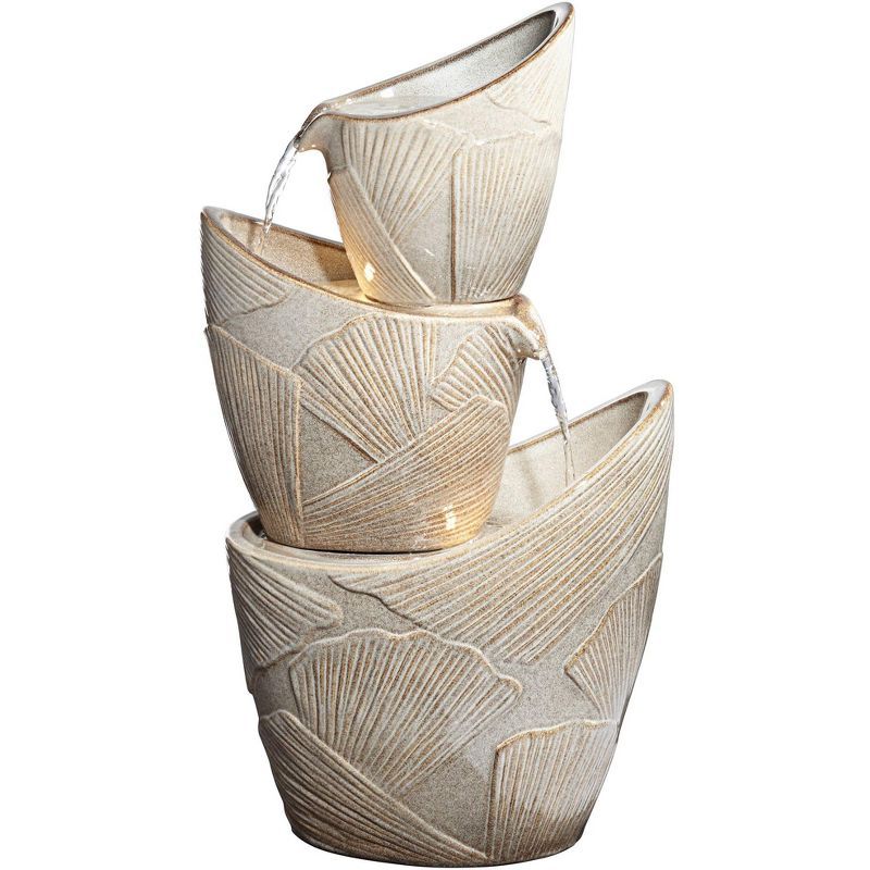 Ivory Trio Urn LED Cascading Rustic Outdoor Fountain