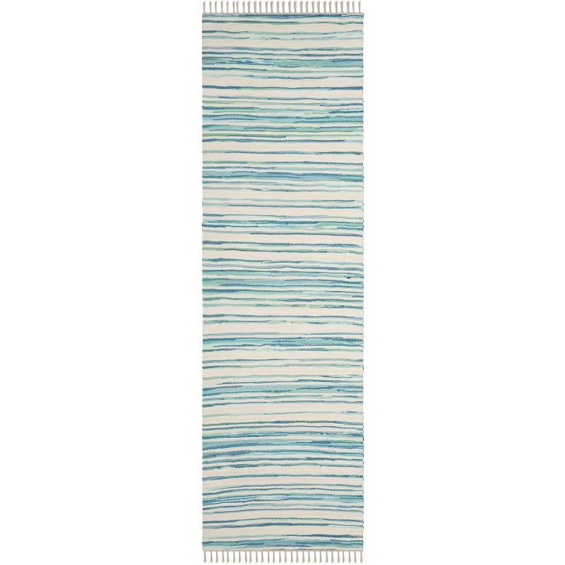 Ivory and Green Striped Handwoven Wool Cotton Runner Rug