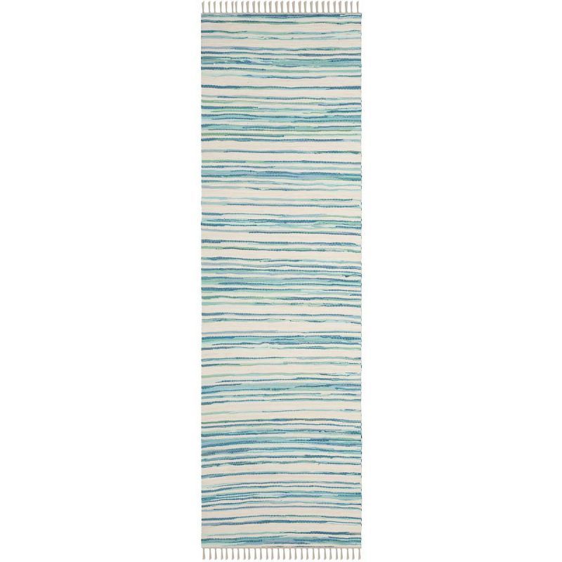 Ivory and Green Striped Cotton Runner Rug