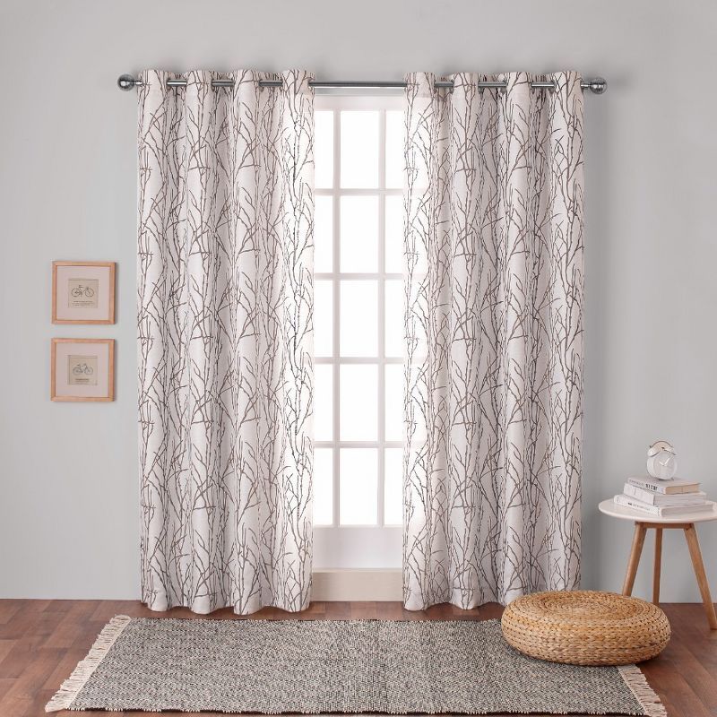 Natural Linen Blend Light-Filtering Branches Grommet Curtain Panel Pair