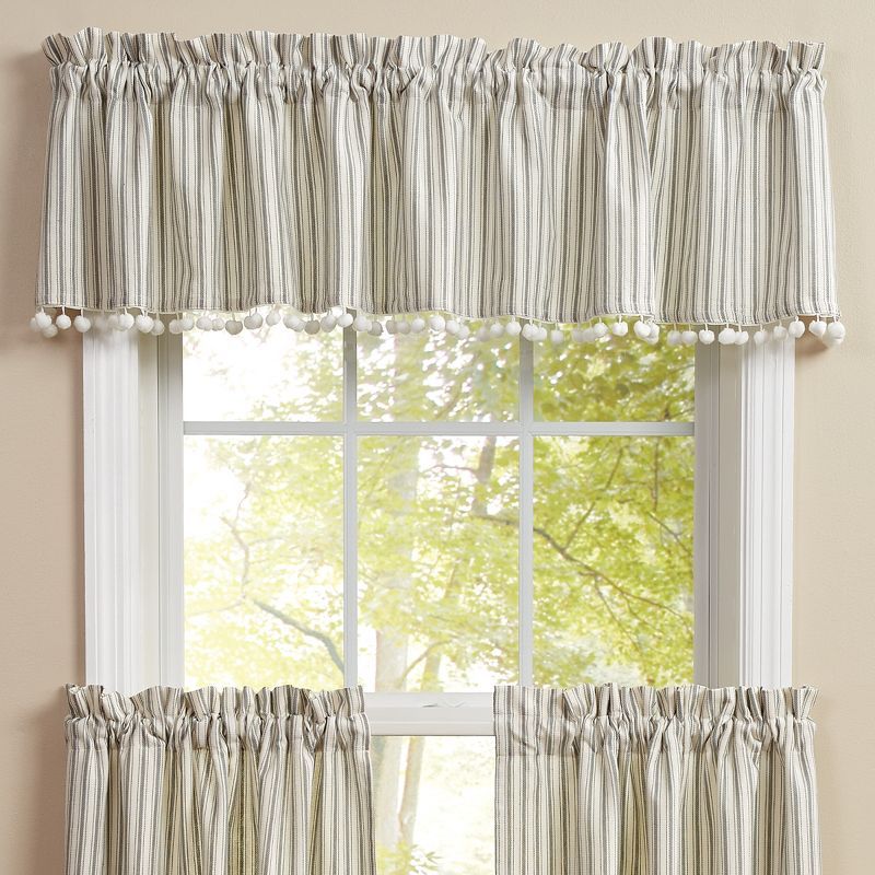 Gray and Cream Striped Cotton Valance with Ball Fringe