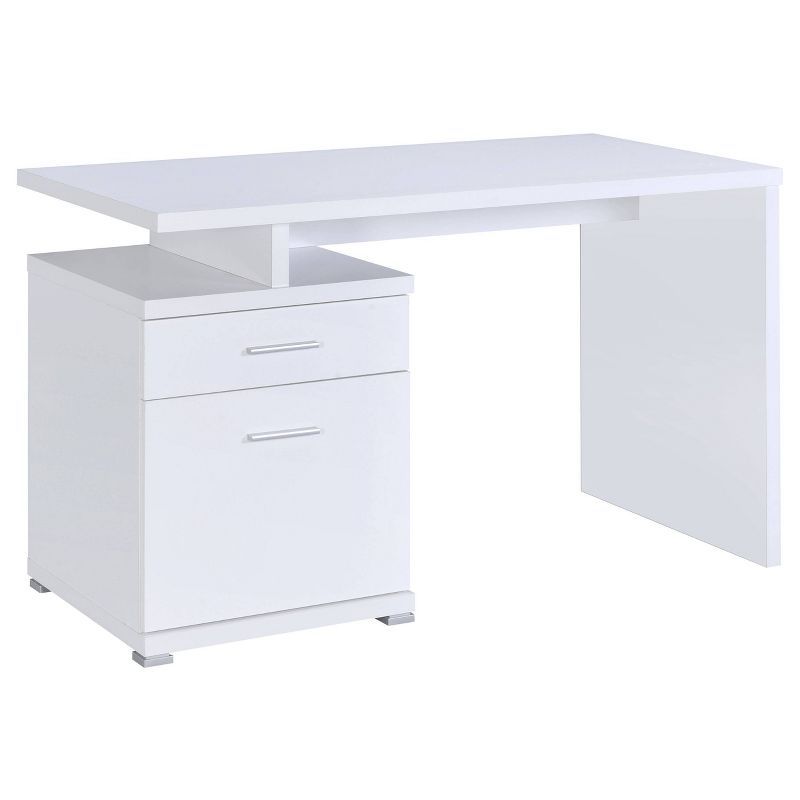 Transitional White Home Office Desk with Reversible Filing Cabinet