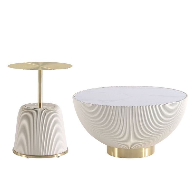 Cream Leatherette and Gold Metal Round Coffee and End Table Set