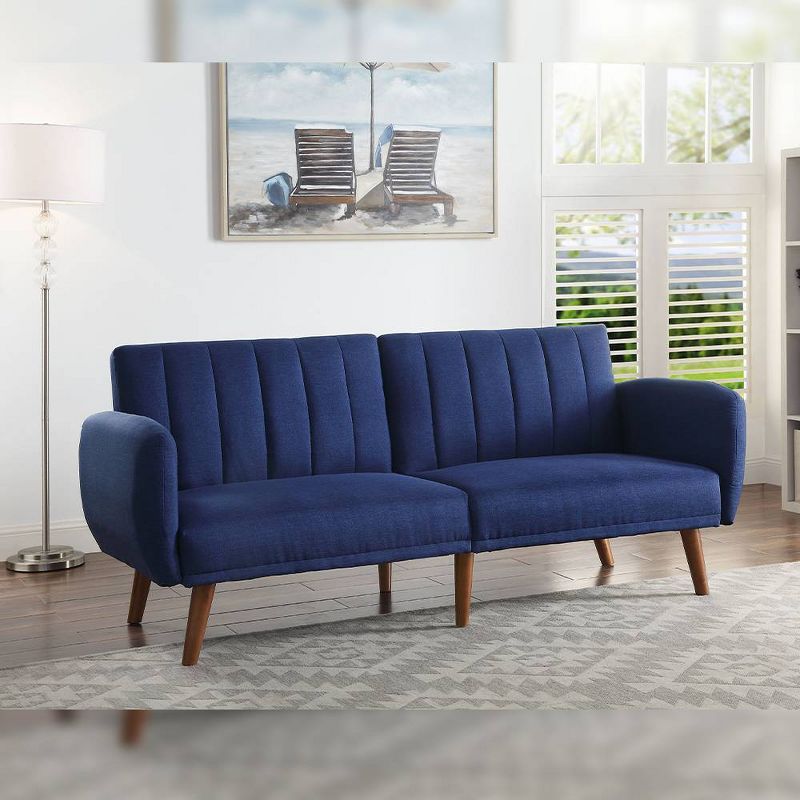 Blue Tufted Fabric Split Back Sleeper Sofa with Wood Legs