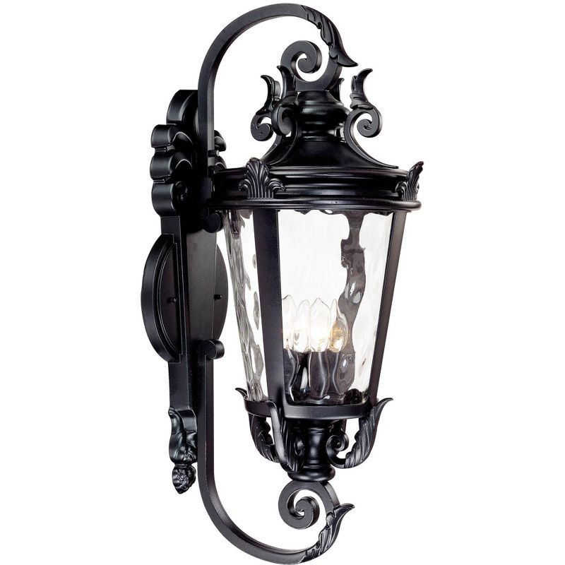 Textured Black Mediterranean Outdoor Wall Light with Clear Hammered Glass