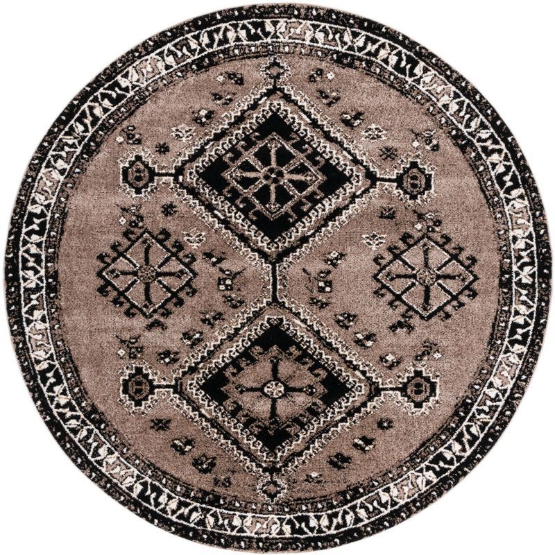 Vintage Black and Brown Round Synthetic Area Rug