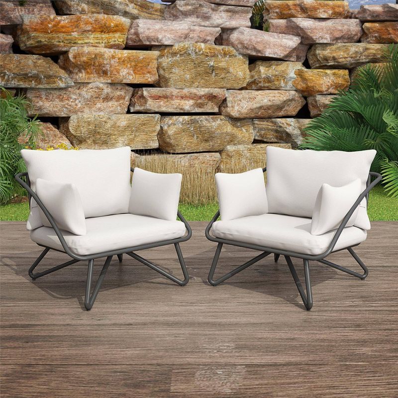 Charcoal Steel Outdoor Lounge Chairs with Cushions, 2-Pack