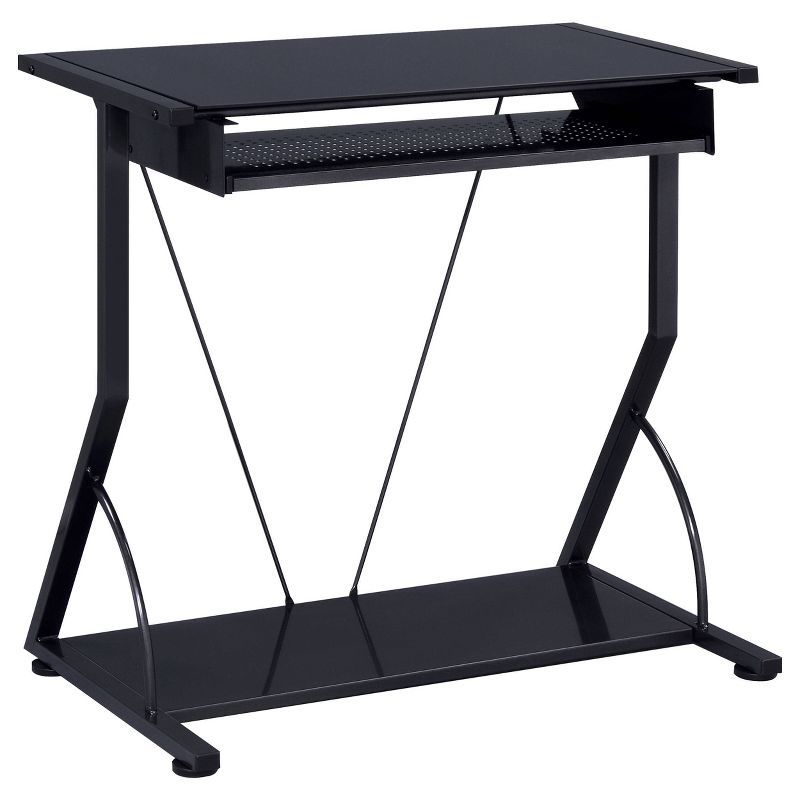 Black Glass Computer Desk with Keyboard Tray and Storage Shelf