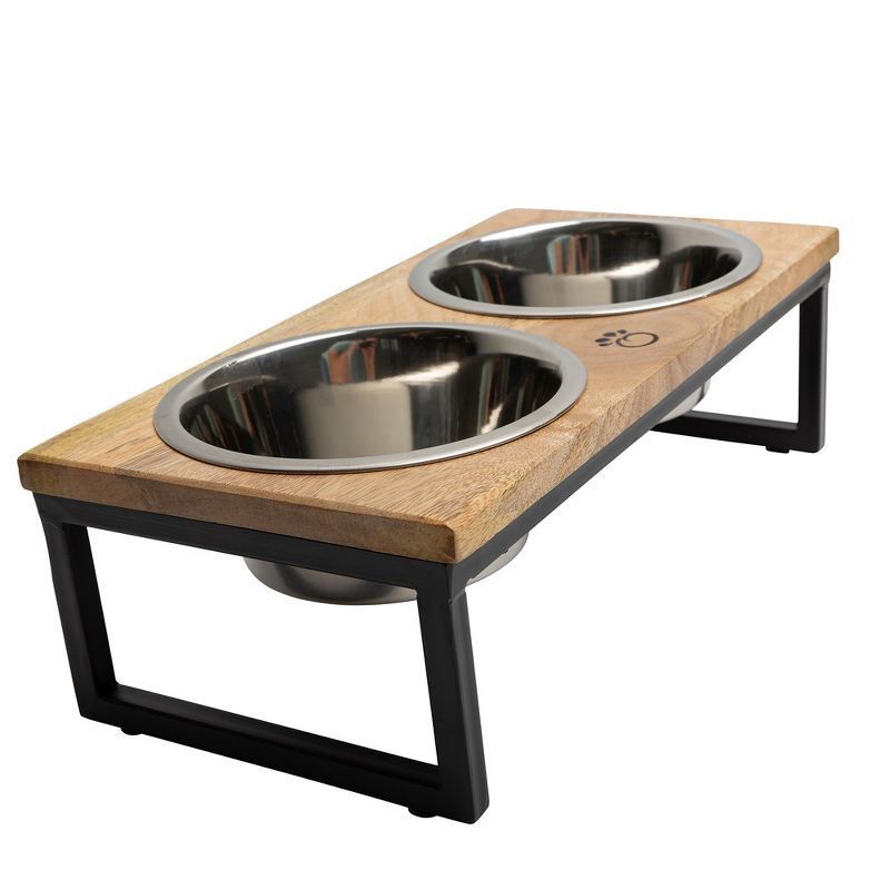 Elevated Mango Wood and Stainless Steel Pet Feeder