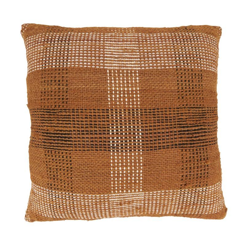 Rustic Plaid Brown and White Cotton Throw Pillow