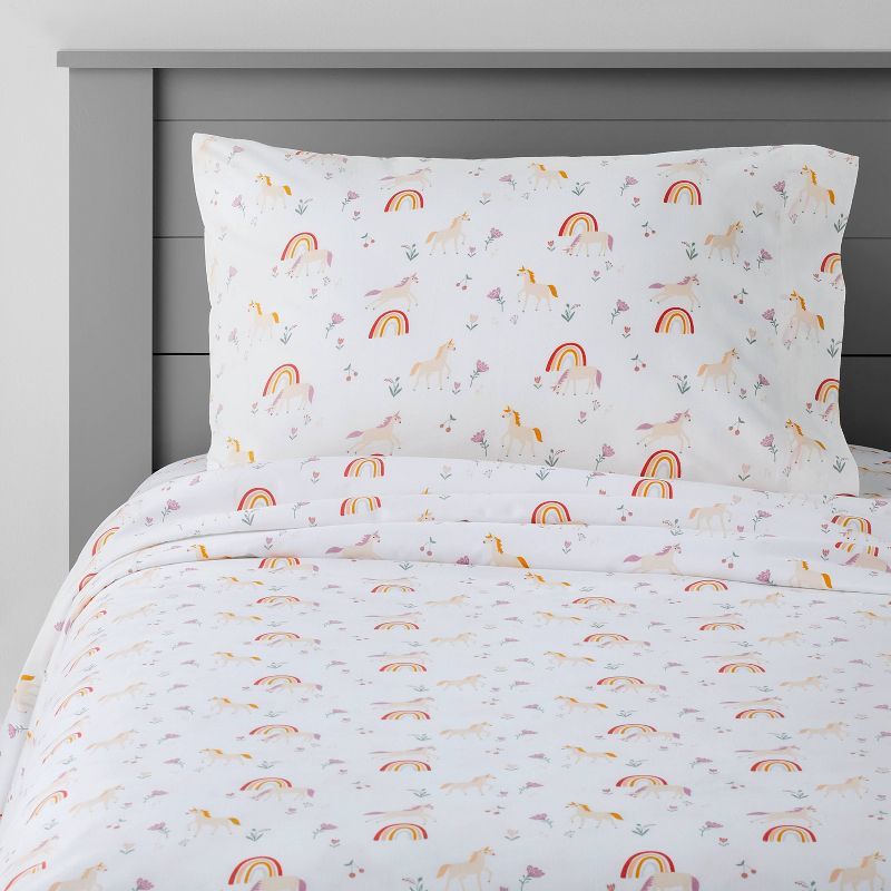 Full Unicorn Print Cotton Kids' Sheet Set in White