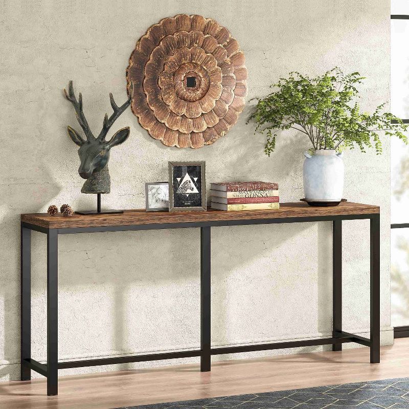 Rustic Brown Extra Long Console Table with Metal Frame