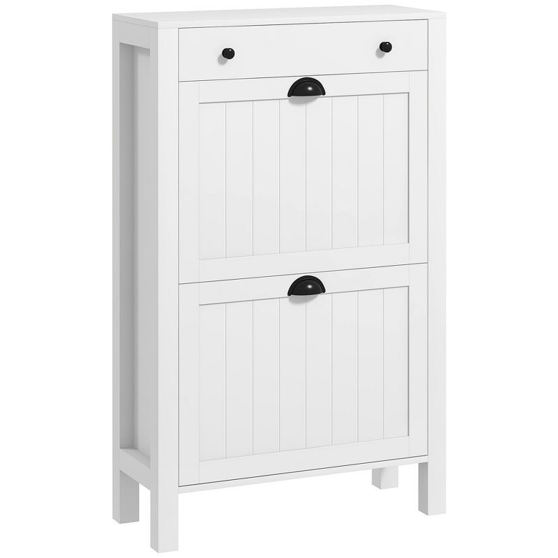 White Wood Shoe Storage Cabinet with Flip Drawers and Top Drawer