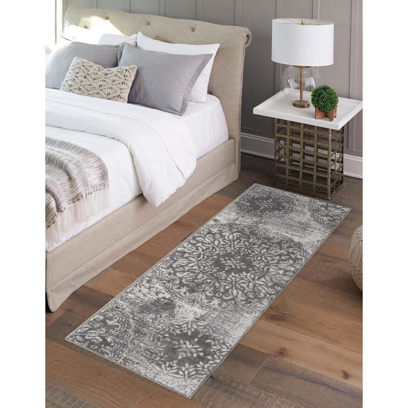 Gray and Ivory Low Pile Stain-Resistant Runner Rug