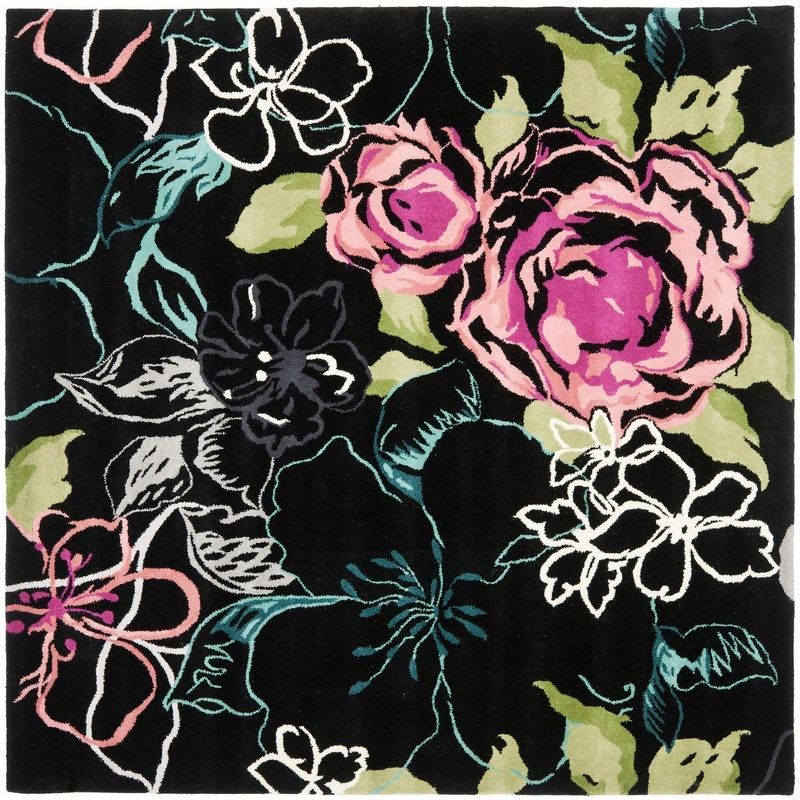 Handmade Black and Multicolor Floral Wool Square Area Rug