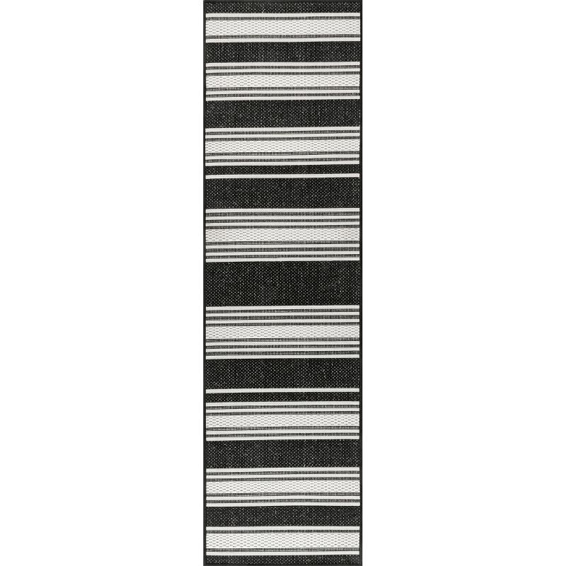 Black and White Striped Synthetic Indoor/Outdoor Runner Rug