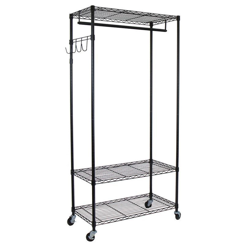 Black Steel Portable Garment Rack with Adjustable Shelves