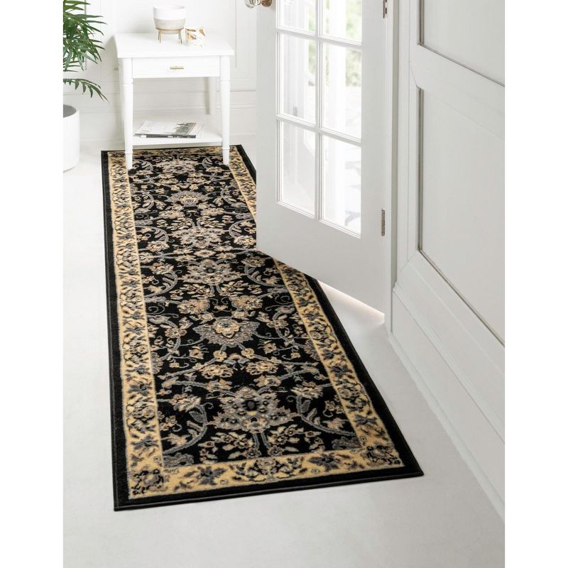 Black and Beige Floral Synthetic Runner Rug