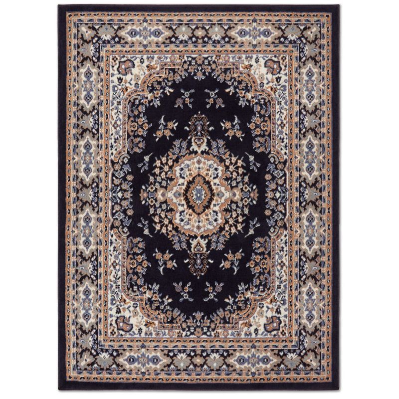 Navy Blue and Brown Synthetic Traditional Medallion Area Rug