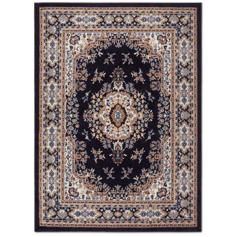 Navy Blue and Brown Synthetic Traditional Medallion Area Rug