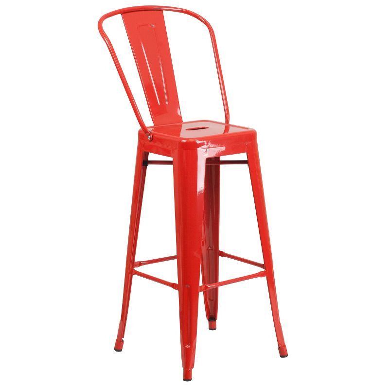 Red Metal Indoor-Outdoor Counter Height Barstool with Back