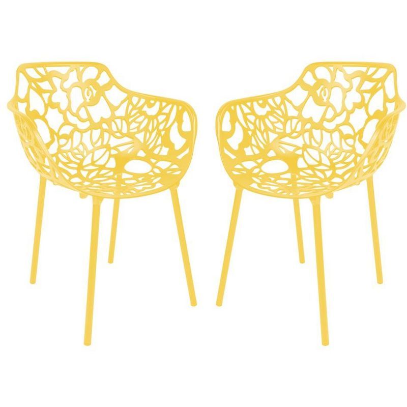 Devon Yellow Aluminum Modern Outdoor Dining Chair with Floral Cut-Out Design