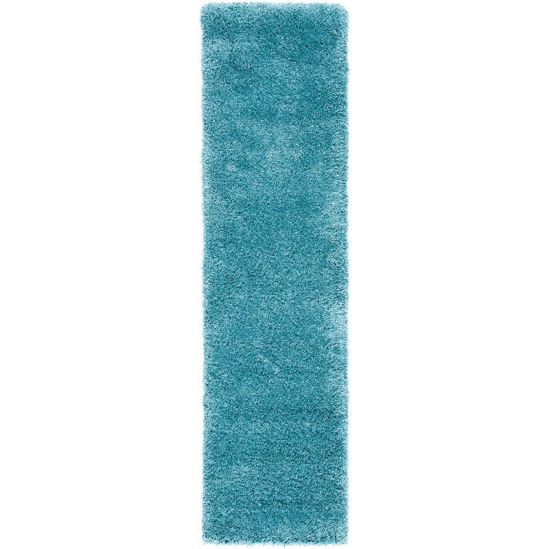 Aqua Blue Hand-Knotted Shag Synthetic Rug, 2' x 16'