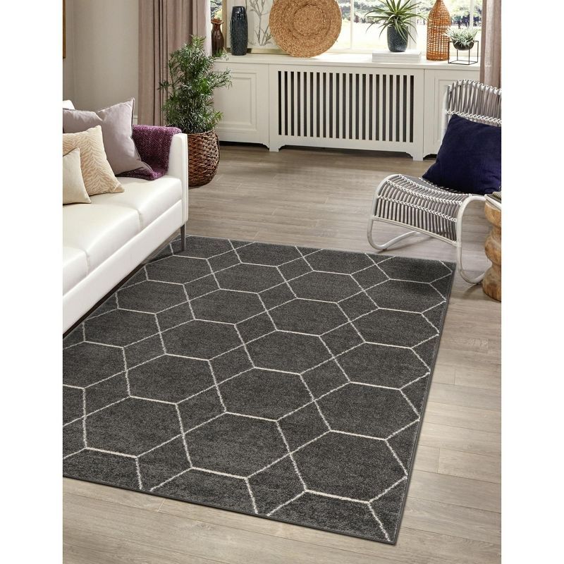 Dark Gray and Ivory Geometric Trellis 6' x 9' Area Rug