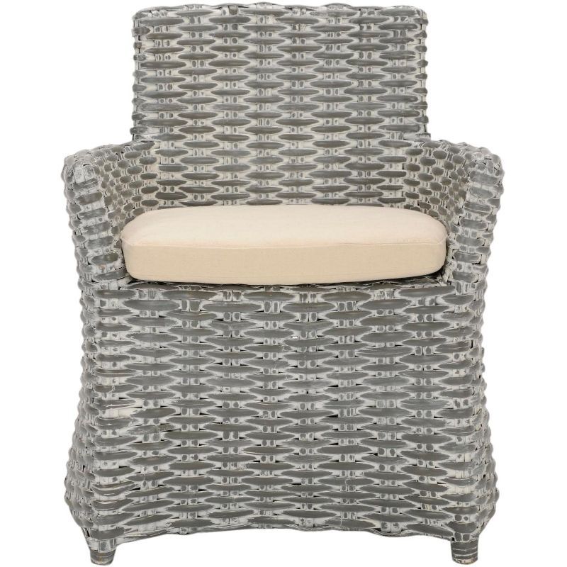 Modern Coastal Cabana Rattan Arm Chair with Beige Cushion - Grey White Wash