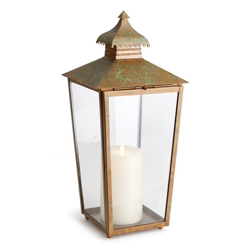 Patina Iron and Glass Pagoda Candle Lantern