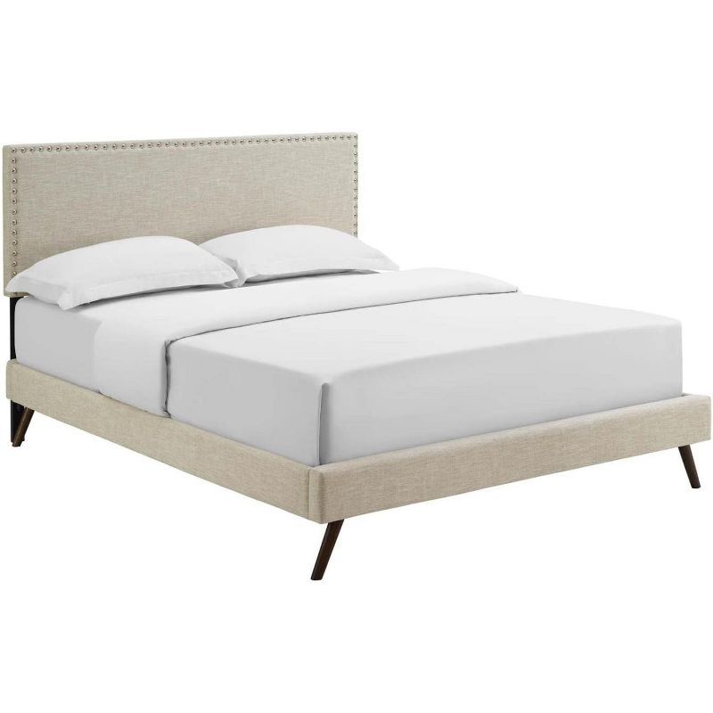 Beige Queen Upholstered Platform Bed with Wood Frame