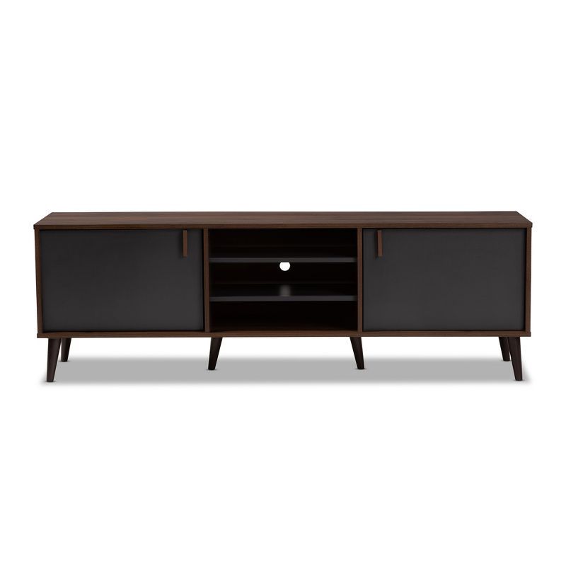 Samuel Walnut Brown and Dark Gray Mid-Century TV Stand with Cabinets