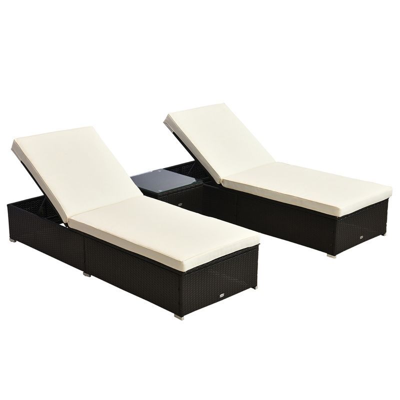 Cream White Cushioned Rattan Outdoor Chaise Lounge Set with Table