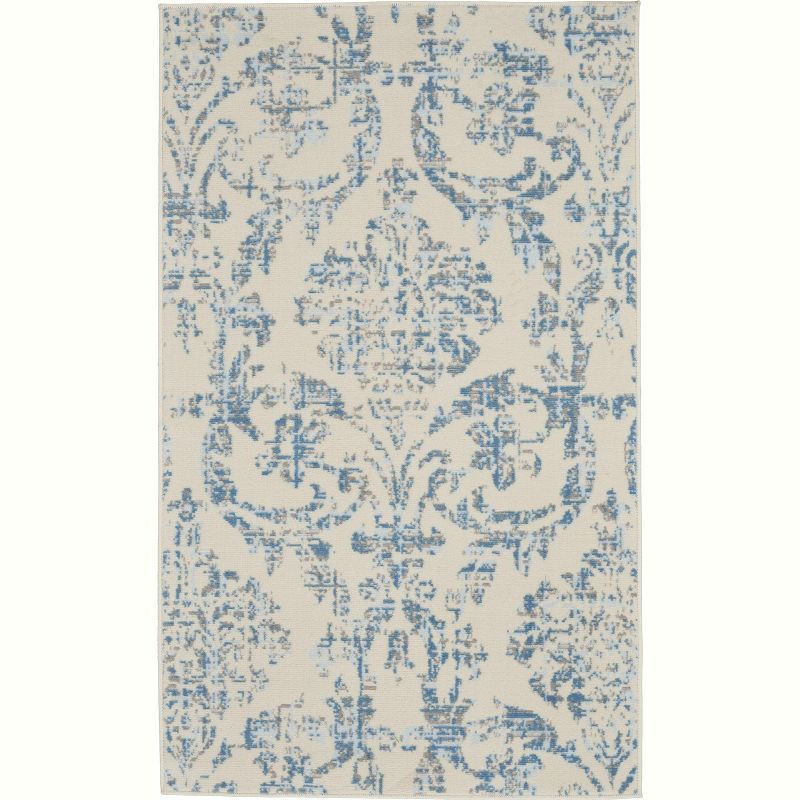 Ivory and Blue Distressed Damask 3' x 5' Area Rug