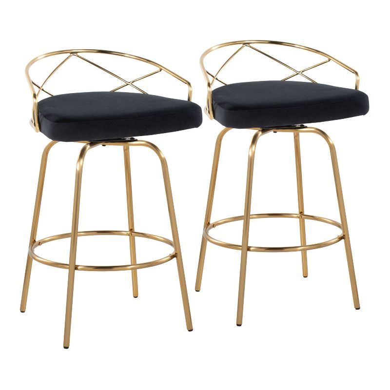 Charlotte 26" Black Velvet and Gold Metal Swivel Counter Stool Set